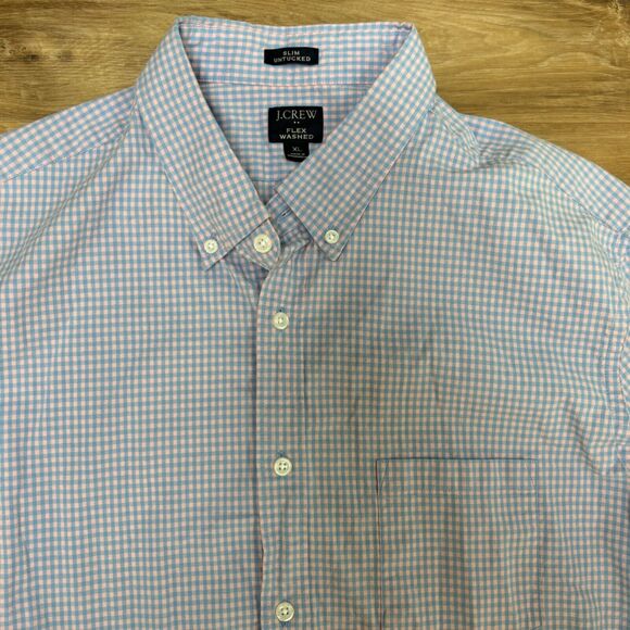 J Crew Shirt Mens XL Button Down Pink Blue Plaid Slim Untucked Flex Washed - Picture 6 of 10